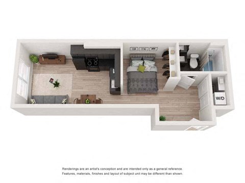 Floor plan for 1 bed, 1 bath, 415 sqft